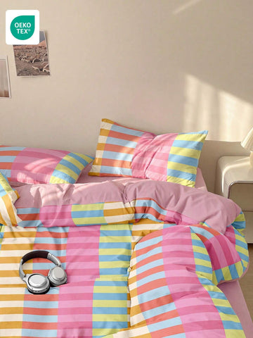 2/3pcs Colorful Striped Duvet Cover Set, Bedding, Comfortable Room Decor, Breathable, Soft & Anti-Pilling, Without Duvet Insert, Suitable For Twin/Full/Queen/King Size Beds, All Seasons, Home Textiles, Machine Washable, OEKO-TEX Certified